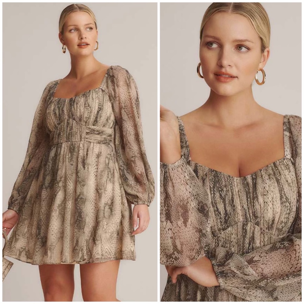 Express, Snakeskin Sweetheart Neckline Long Sleeve Babydoll Mini Dress